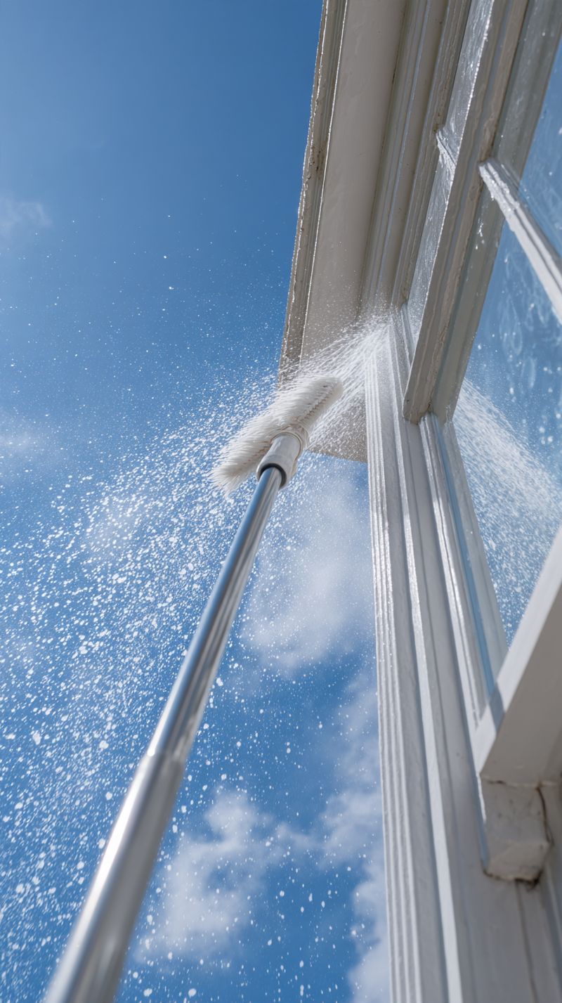 Water-fed pole cleaning an upstairs window